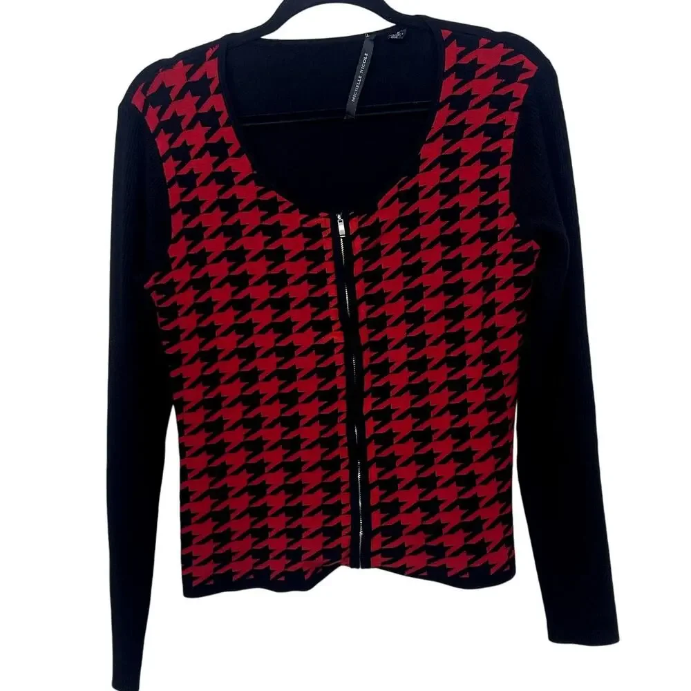 Women's Michelle Nicole Red and Black Houndstooth Zip Up Sweater Medium - Picture 1 of 4